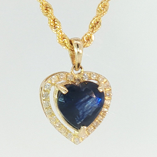 18k Yellow Gold Halo Heart Pendant with 2.50ct Blue Heart Sapphire and 0.12 tcw Natural Diamonds