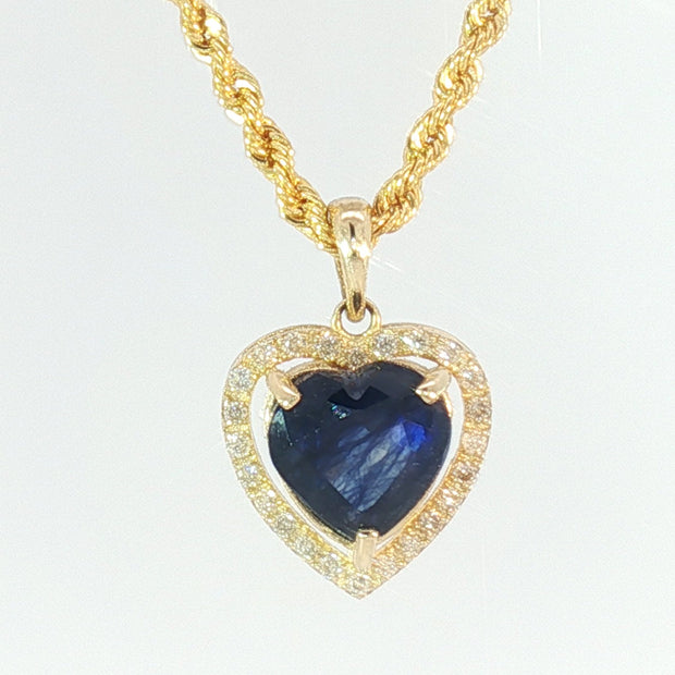 18k Yellow Gold Halo Heart Pendant with 2.50ct Blue Heart Sapphire and 0.12 tcw Natural Diamonds