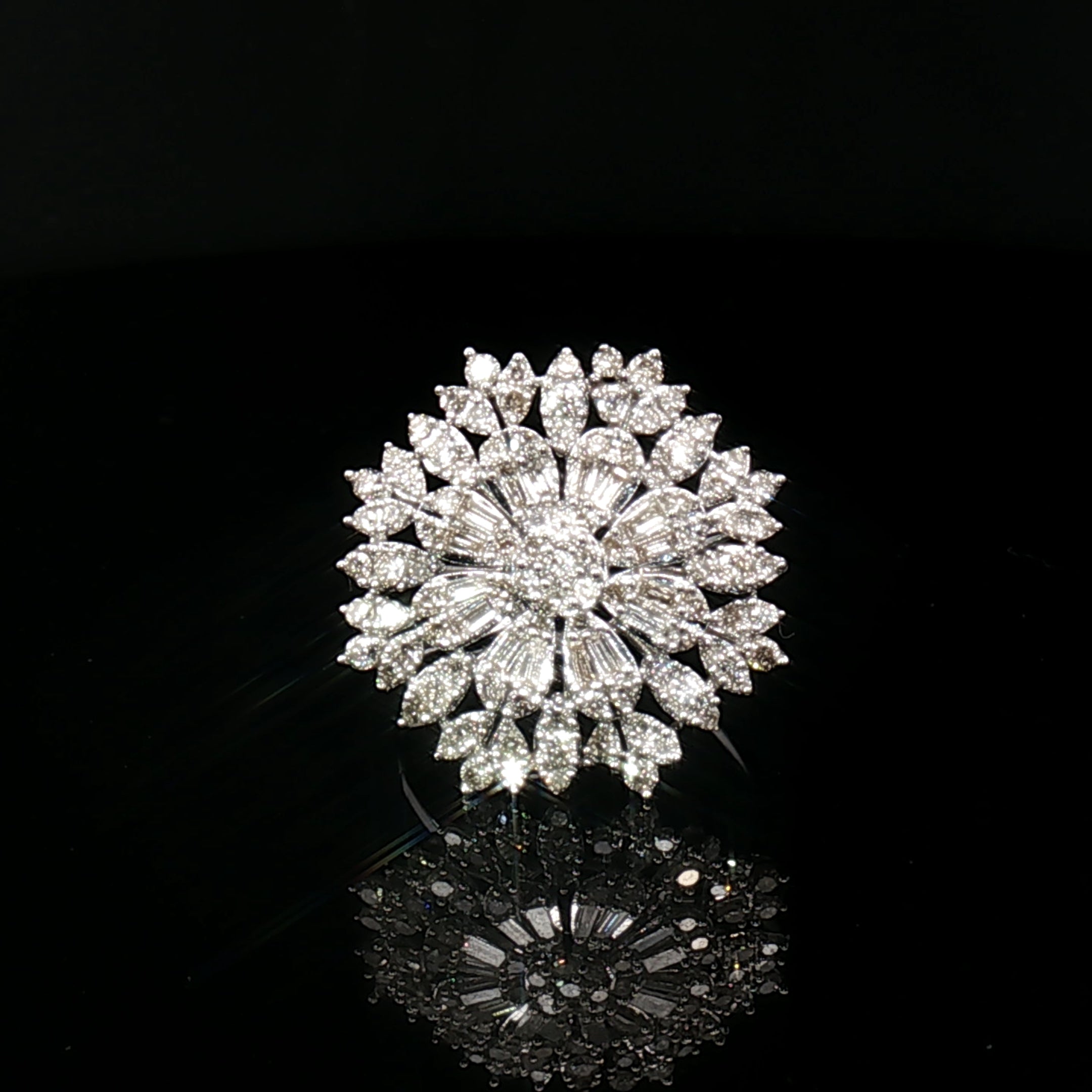 18k White Gold Flower Brooch Ring – 1.00ct Natural Round & Baguette Diamond Circle Illusion Design (5ct Face Look)