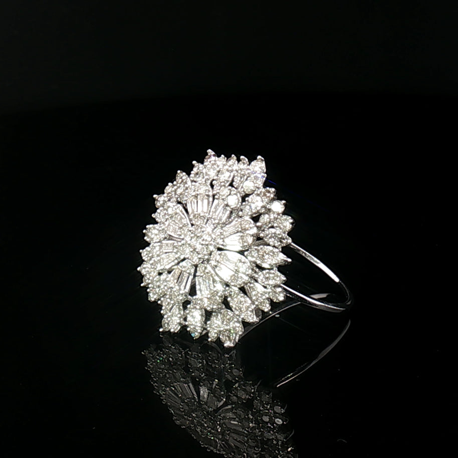 18k White Gold Flower Brooch Ring – 1.00ct Natural Round & Baguette Diamond Circle Illusion Design (5ct Face Look)