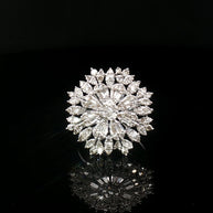 18k White Gold Flower Brooch Ring – 1.00ct Natural Round & Baguette Diamond Circle Illusion Design (5ct Face Look)