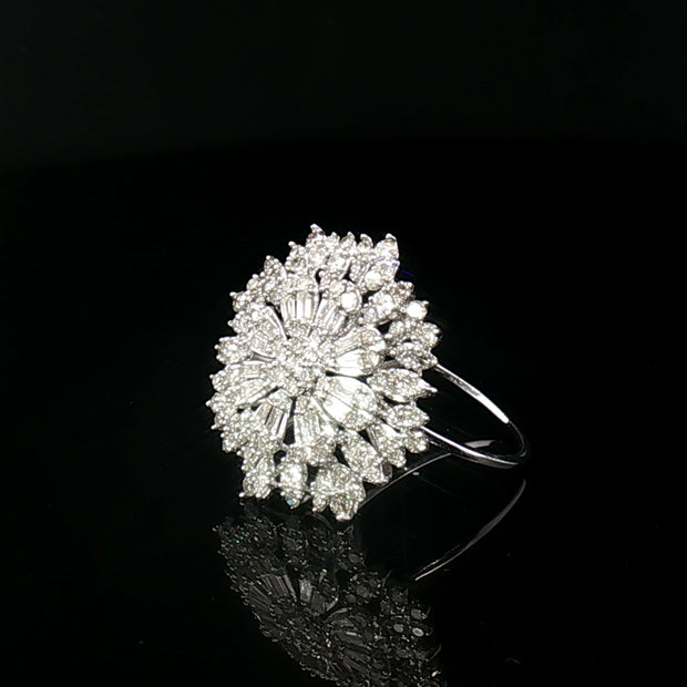18k White Gold Flower Brooch Ring – 1.00ct Natural Round & Baguette Diamond Circle Illusion Design (5ct Face Look)