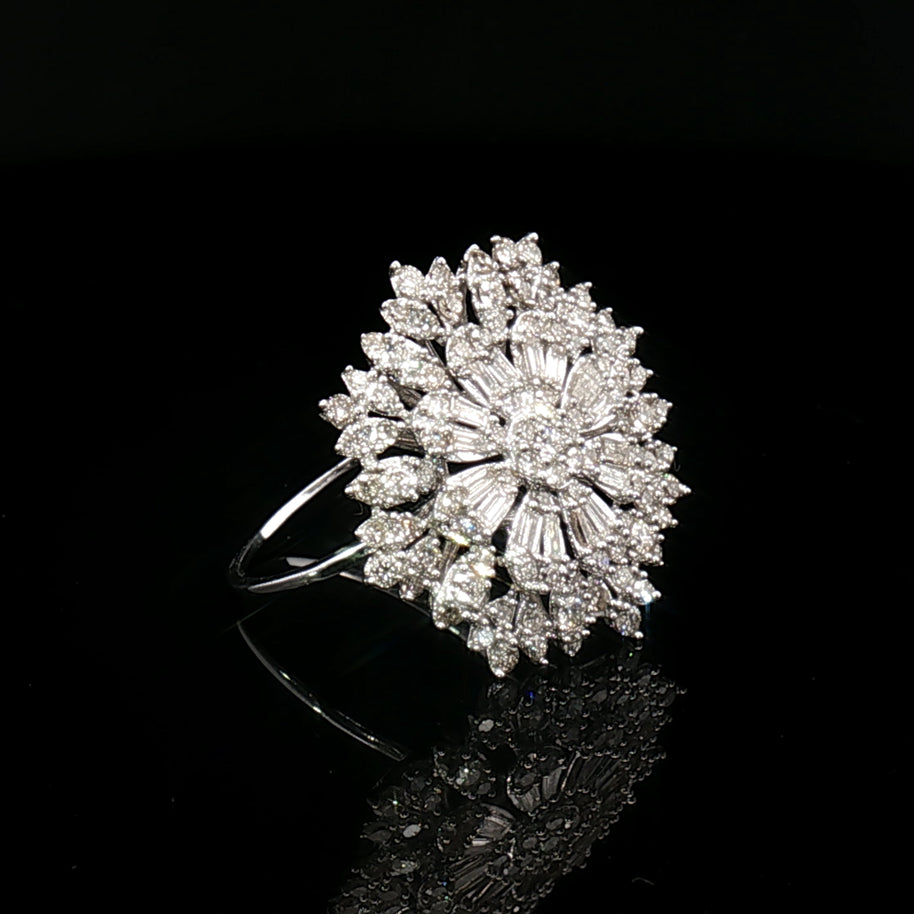 18k White Gold Flower Brooch Ring – 1.00ct Natural Round & Baguette Diamond Circle Illusion Design (5ct Face Look)