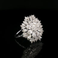 18k White Gold Flower Brooch Ring – 1.00ct Natural Round & Baguette Diamond Circle Illusion Design (5ct Face Look)