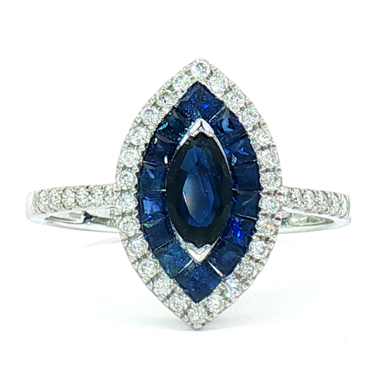 18k White Gold Multi-Stone Halo Ring with Deep Blue Sapphire and Natural Diamonds