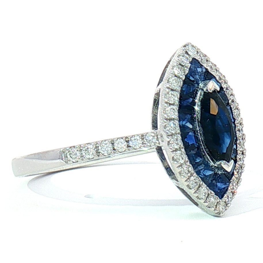 18k White Gold Multi-Stone Halo Ring with Deep Blue Sapphire and Natural Diamonds