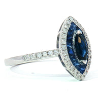 18k White Gold Multi-Stone Halo Ring with Deep Blue Sapphire and Natural Diamonds