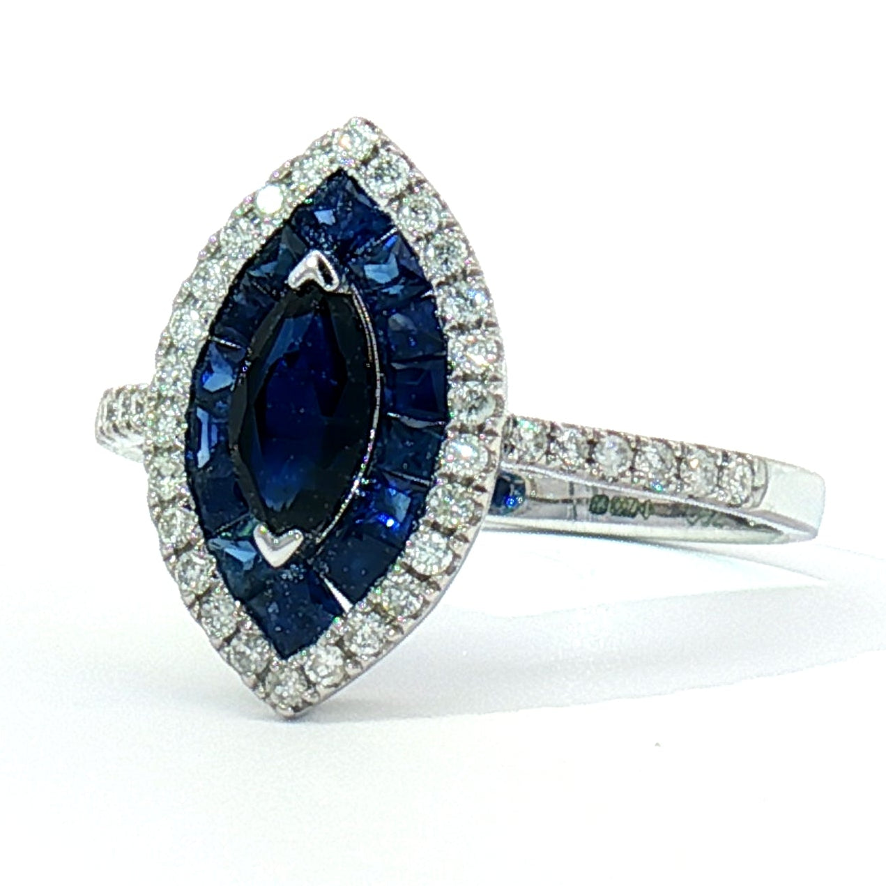 18k White Gold Multi-Stone Halo Ring with Deep Blue Sapphire and Natural Diamonds