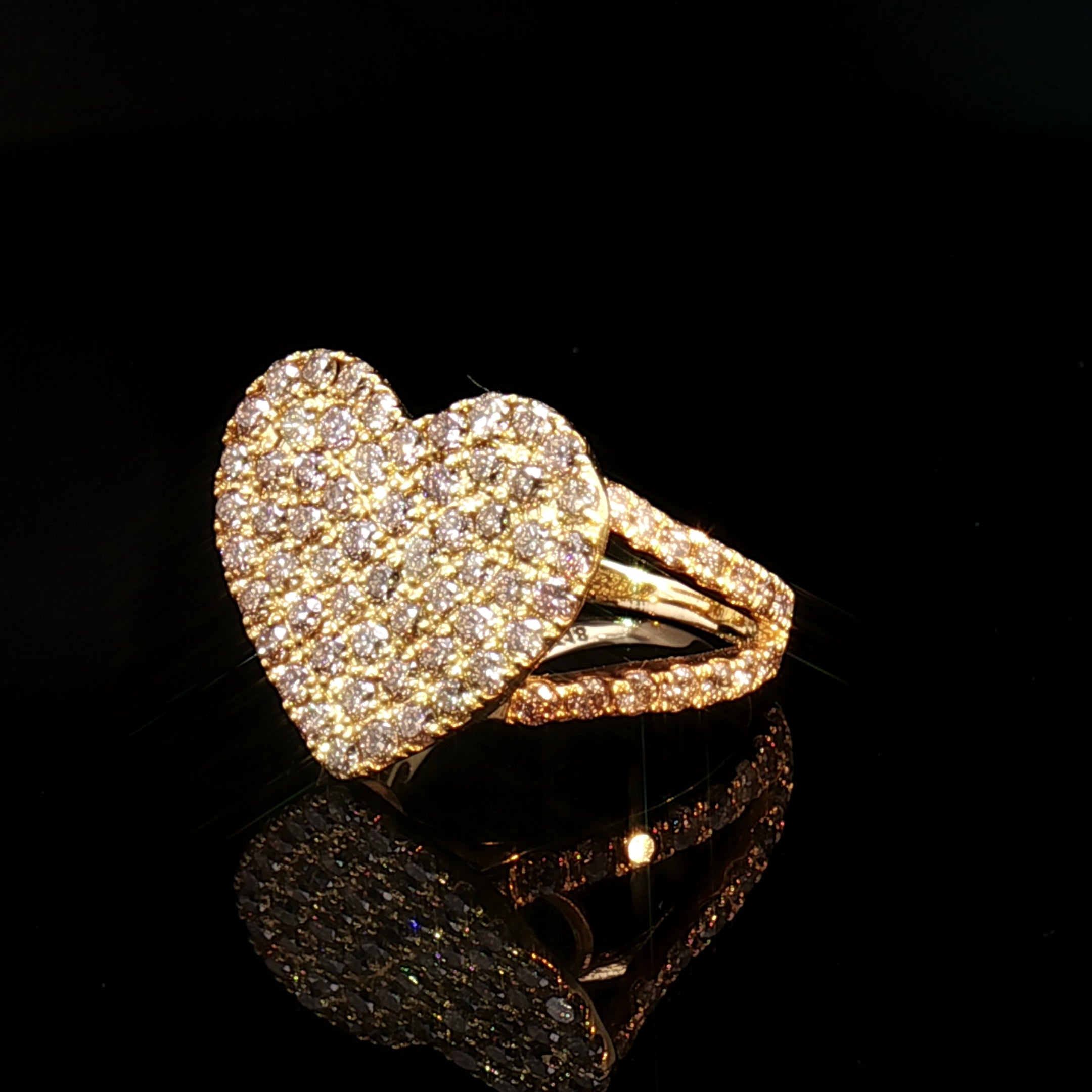 18k Yellow Gold Heart Cocktail Ring – 2.10ct Natural Brilliant Diamond Cluster Power Ring