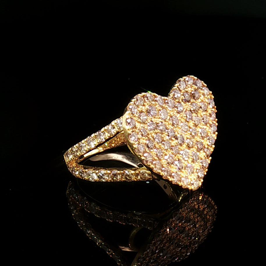 18k Yellow Gold Heart Cocktail Ring – 2.10ct Natural Brilliant Diamond Cluster Power Ring