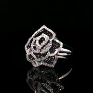 18k White Gold Rose Cocktail Ring – 1.00ct Black & Colourless Natural Round Brilliant Diamond Cluster