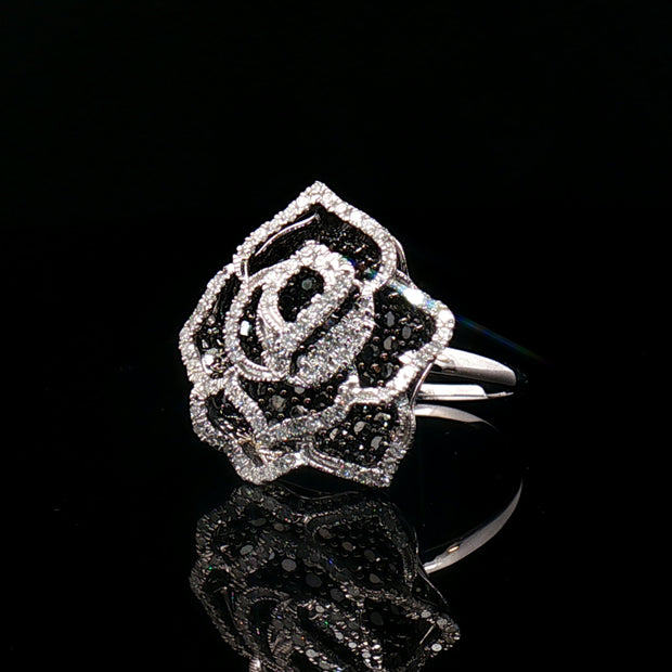 18k White Gold Rose Cocktail Ring – 1.00ct Black & Colourless Natural Round Brilliant Diamond Cluster