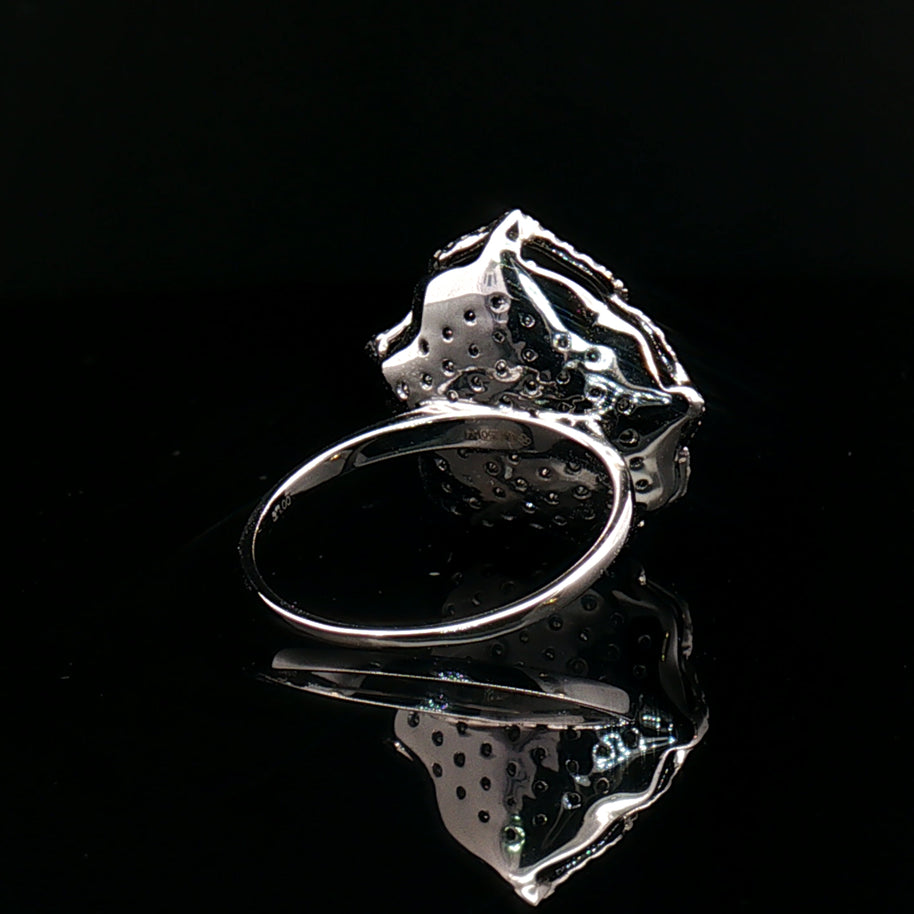 18k White Gold Rose Cocktail Ring – 1.00ct Black & Colourless Natural Round Brilliant Diamond Cluster