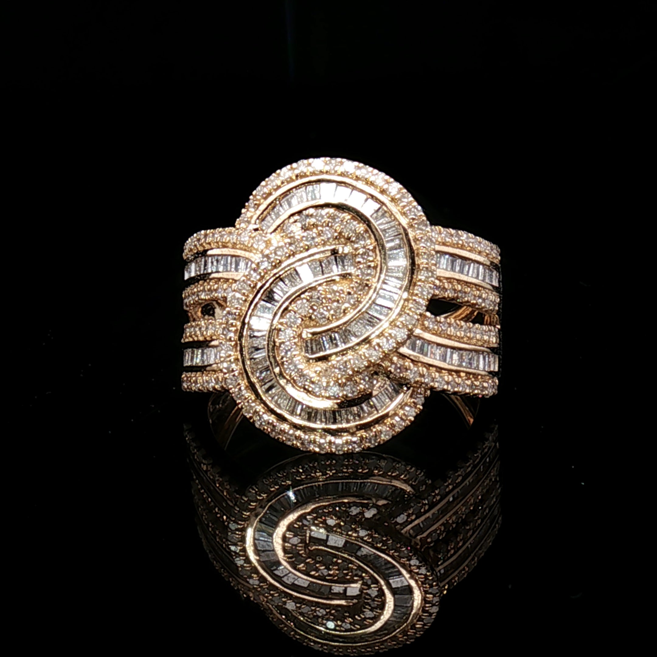18k Yellow Gold Knot Cocktail Ring – 1.50ct Natural Round & Baguette Diamond Statement Design