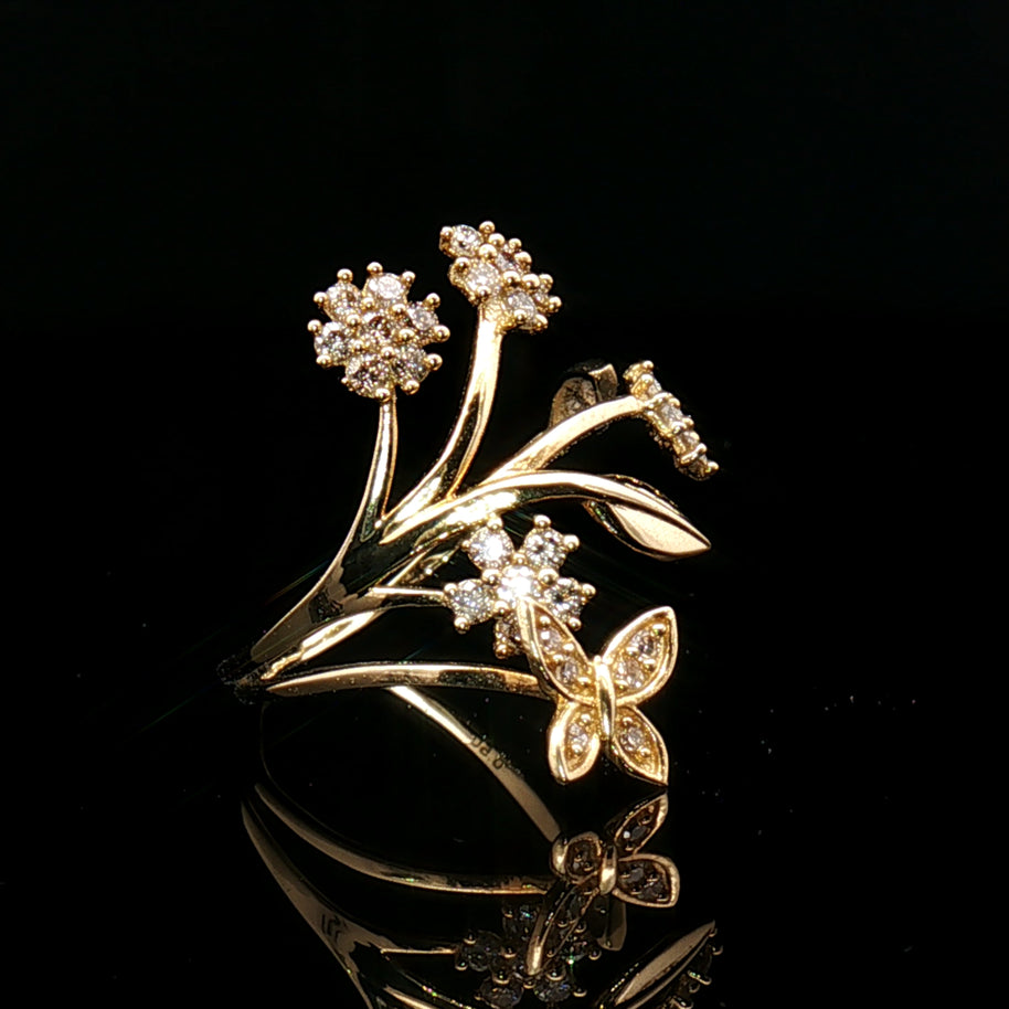 18k Yellow Gold Floral Butterfly Cocktail Ring – 0.50ct Natural Brilliant Diamond Design