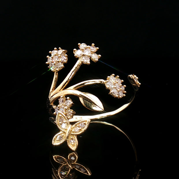 18k Yellow Gold Floral Butterfly Cocktail Ring – 0.50ct Natural Brilliant Diamond Design