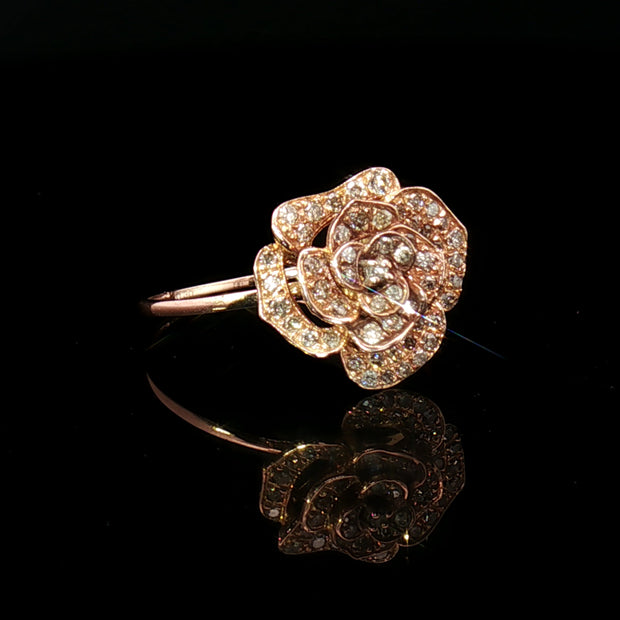 18k Rose Gold 3D Rose Cocktail Ring – 0.30ct Natural Diamond Floral Design
