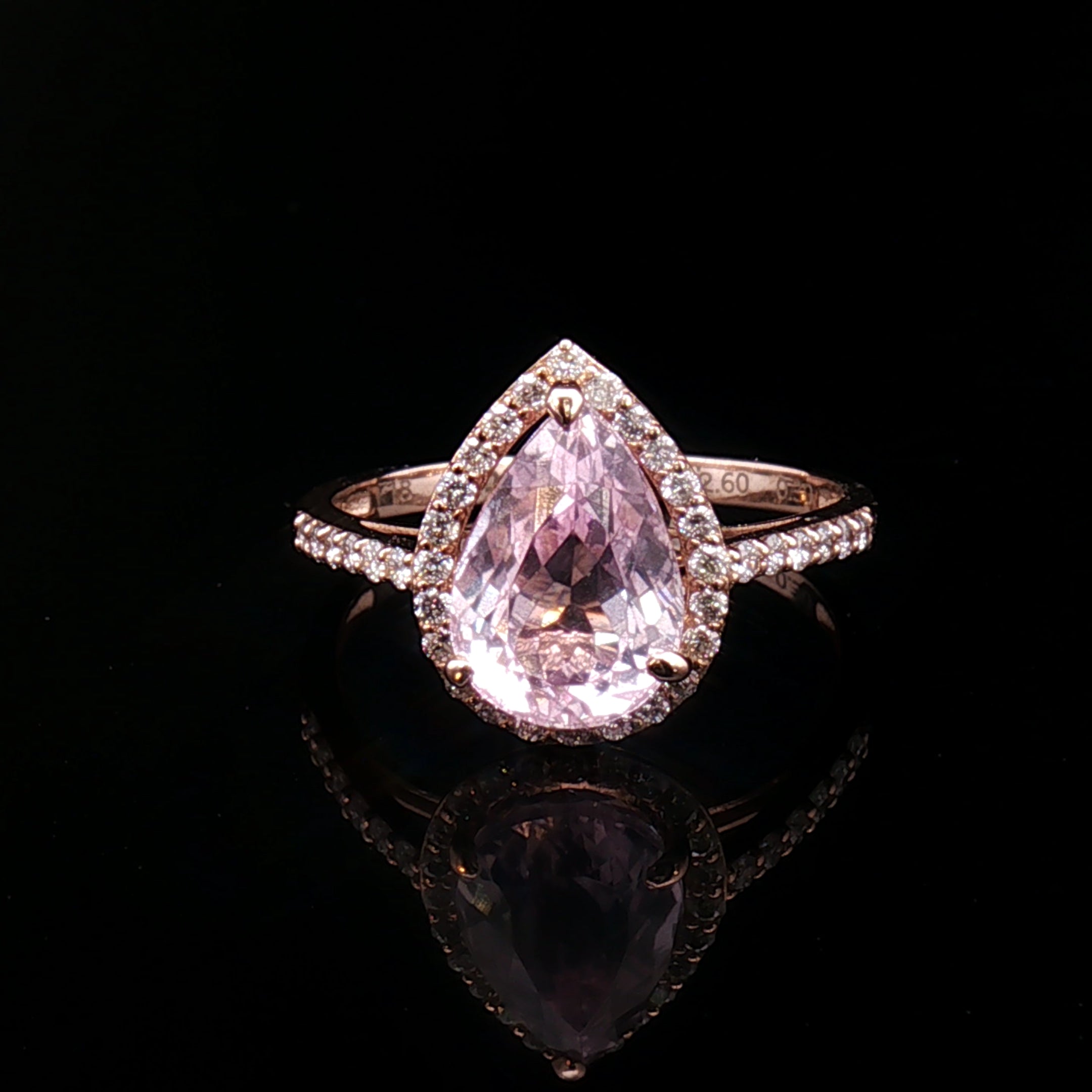 18k Rose Gold Pear Halo Cocktail Ring – 2.60ct Pink Kunzite & 0.30ct Natural Diamond
