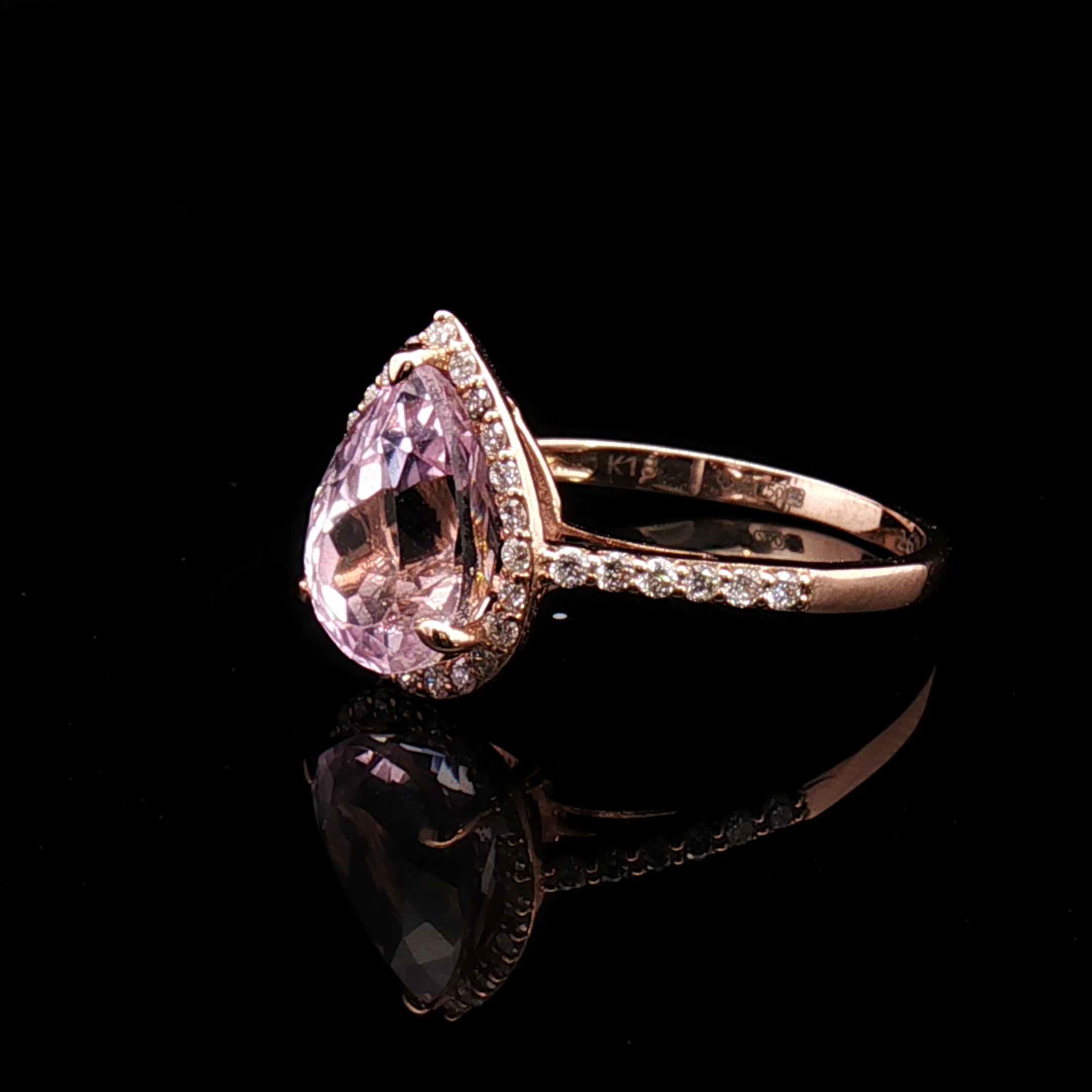 18k Rose Gold Pear Halo Cocktail Ring – 2.60ct Pink Kunzite & 0.30ct Natural Diamond