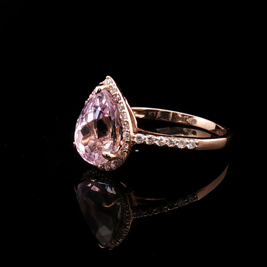 18k Rose Gold Pear Halo Cocktail Ring – 2.60ct Pink Kunzite & 0.30ct Natural Diamond