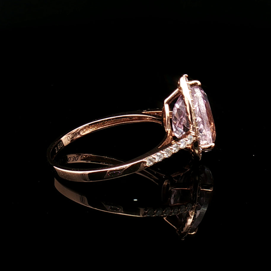 18k Rose Gold Pear Halo Cocktail Ring – 2.60ct Pink Kunzite & 0.30ct Natural Diamond