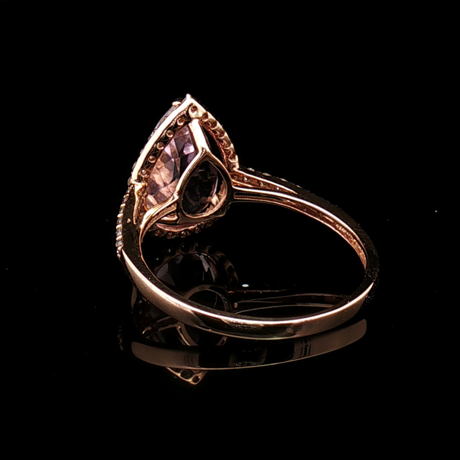 18k Rose Gold Pear Halo Cocktail Ring – 2.60ct Pink Kunzite & 0.30ct Natural Diamond