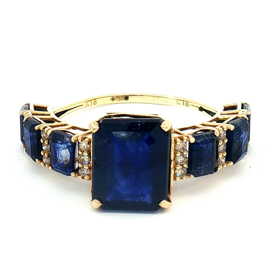 18k Yellow Gold Ring with 6.50tcw Blue Sapphire and 0.18tcw Natural Diamonds