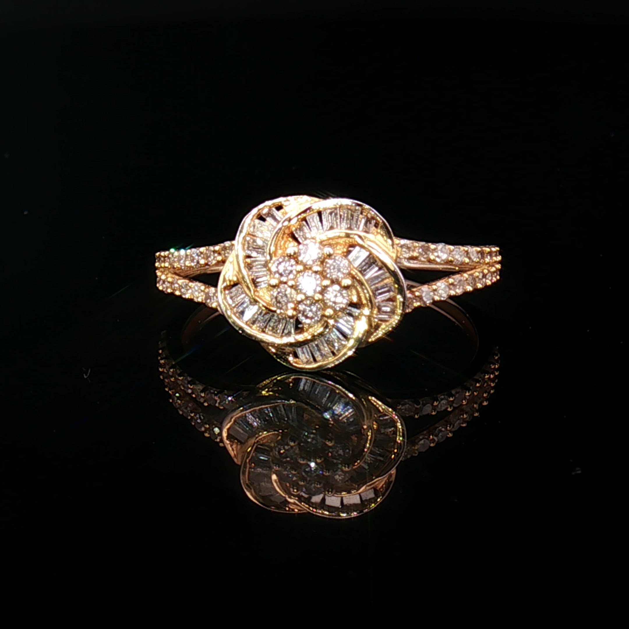 18k Yellow Gold Knot Flower Diamond Ring – 0.40ct Natural Round & Baguette Multi-Stone Design