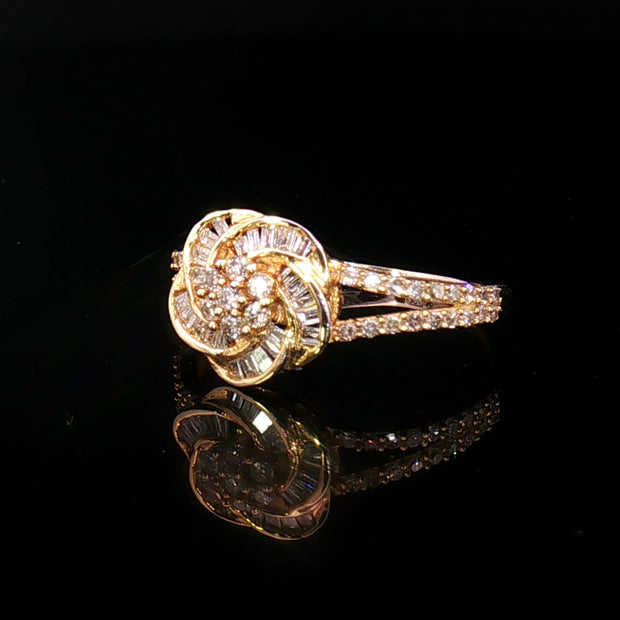18k Yellow Gold Knot Flower Diamond Ring – 0.40ct Natural Round & Baguette Multi-Stone Design