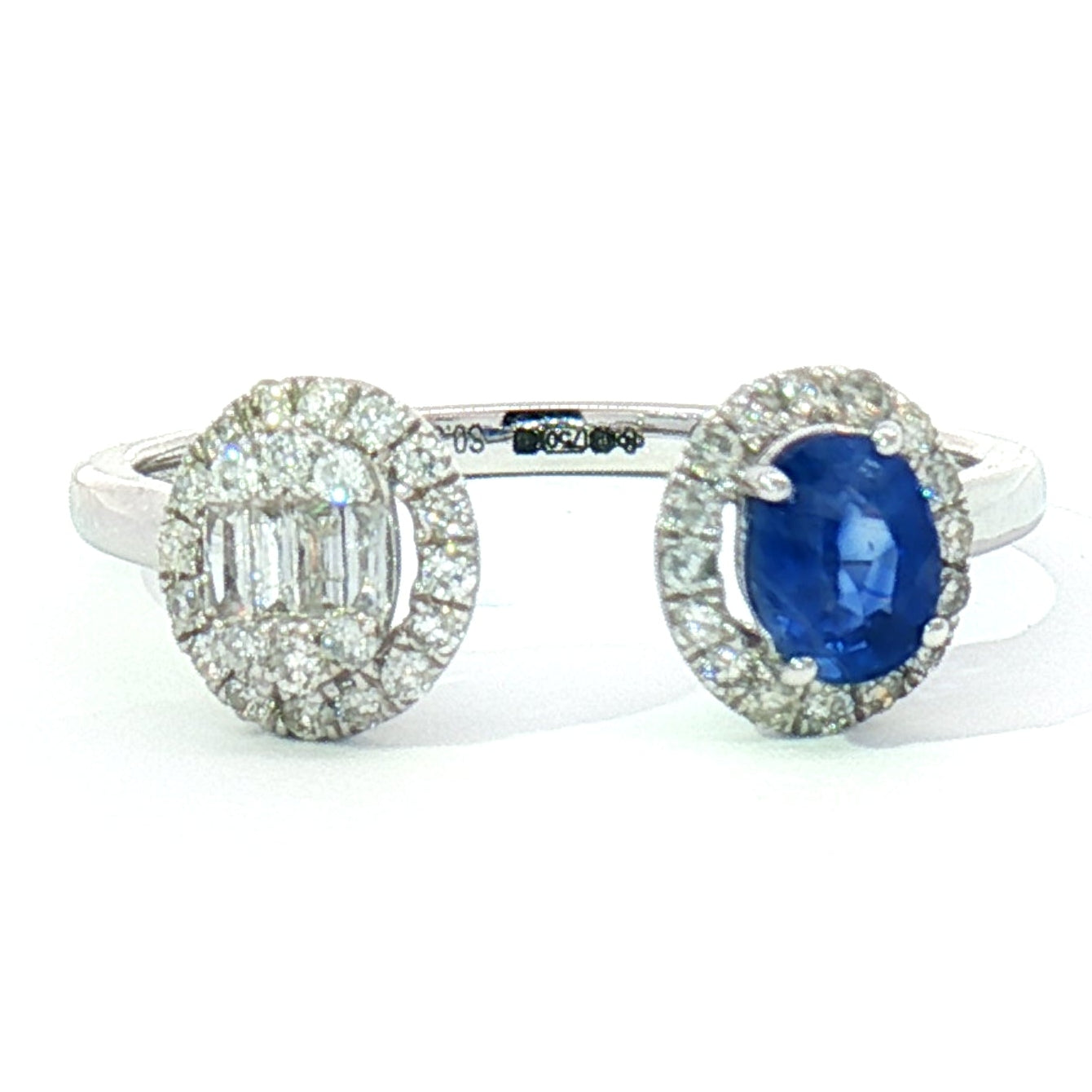 18k White Gold Multi-Stone Halo Open Ring with 0.37ct Blue Sapphire and 0.19tcw Natural Diamond