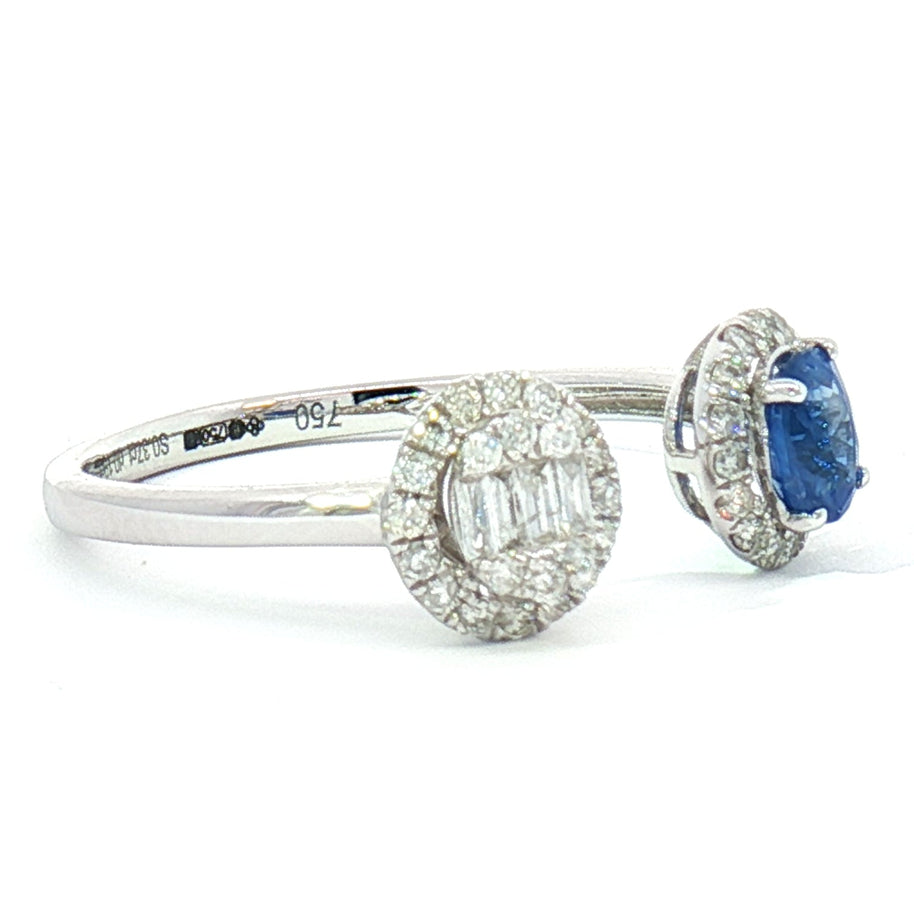18k White Gold Multi-Stone Halo Open Ring with 0.37ct Blue Sapphire and 0.19tcw Natural Diamond
