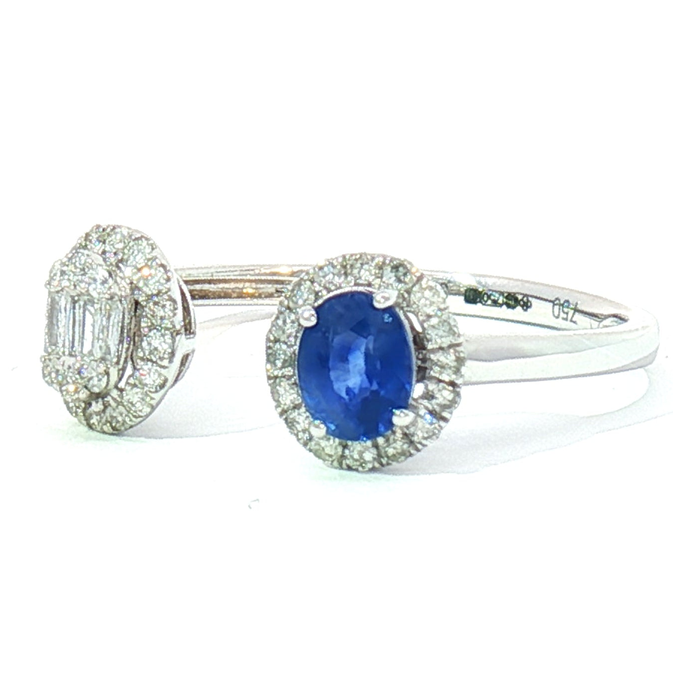 18k White Gold Multi-Stone Halo Open Ring with 0.37ct Blue Sapphire and 0.19tcw Natural Diamond