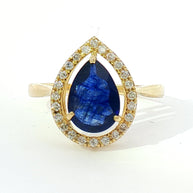 18k Yellow Gold Halo Cocktail Ring with 2.50ct Deep Blue Sapphire and 0.20tcw Natural Diamonds