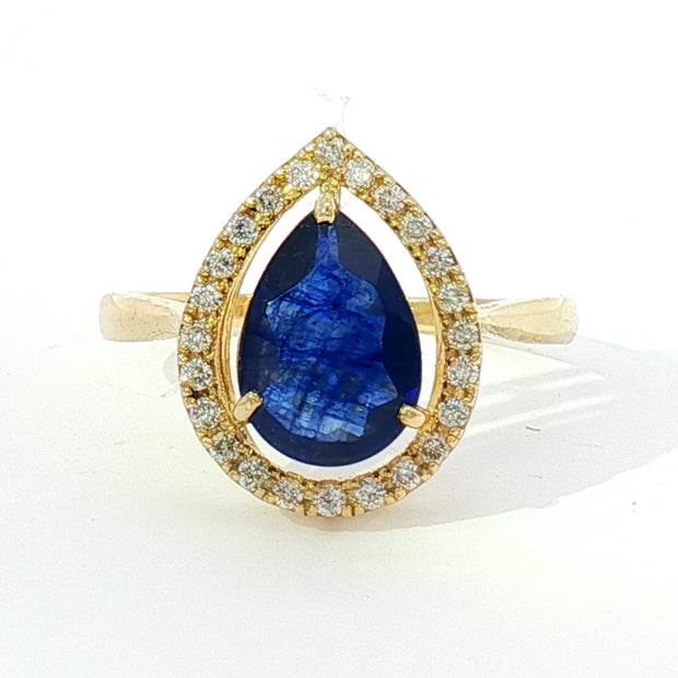 18k Yellow Gold Halo Cocktail Ring with 2.50ct Deep Blue Sapphire and 0.20tcw Natural Diamonds