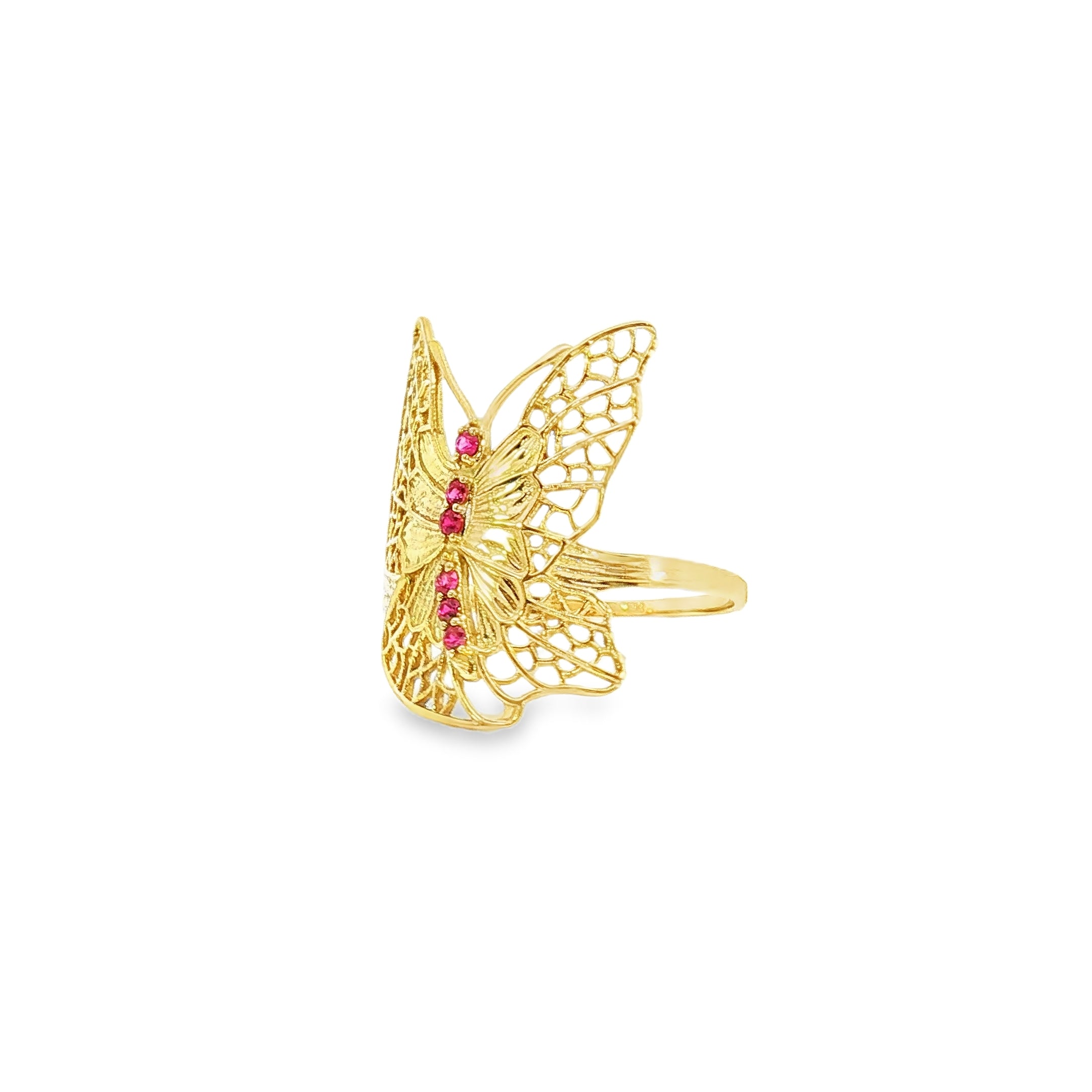 18k Yellow Gold Butterfly Cocktail Ring – 0.05ct Natural Ruby Accents Filigree Design