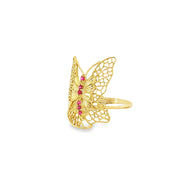 18k Yellow Gold Butterfly Cocktail Ring – 0.05ct Natural Ruby Accents Filigree Design