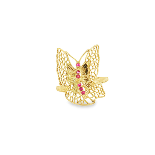18k Yellow Gold Butterfly Cocktail Ring – 0.05ct Natural Ruby Accents Filigree Design