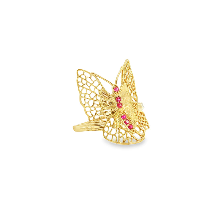18k Yellow Gold Butterfly Cocktail Ring – 0.05ct Natural Ruby Accents Filigree Design