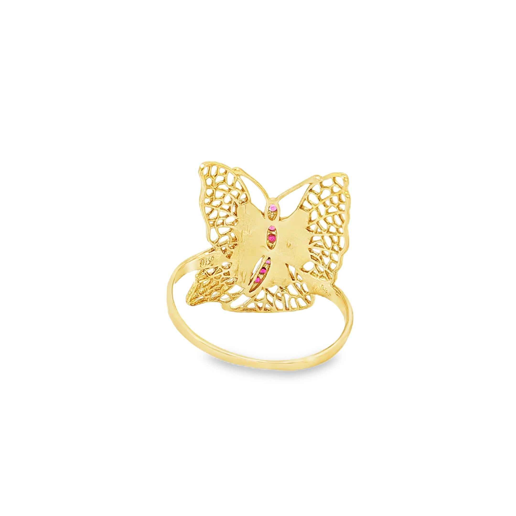 18k Yellow Gold Butterfly Cocktail Ring – 0.05ct Natural Ruby Accents Filigree Design