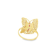 18k Yellow Gold Butterfly Cocktail Ring – 0.05ct Natural Ruby Accents Filigree Design