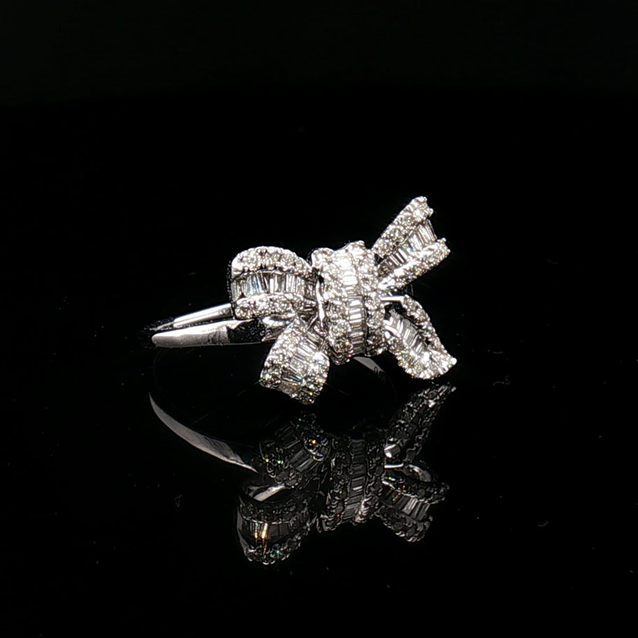 18k White Gold Bow Cocktail Ring – 0.50ct Natural Round & Baguette Diamond Design