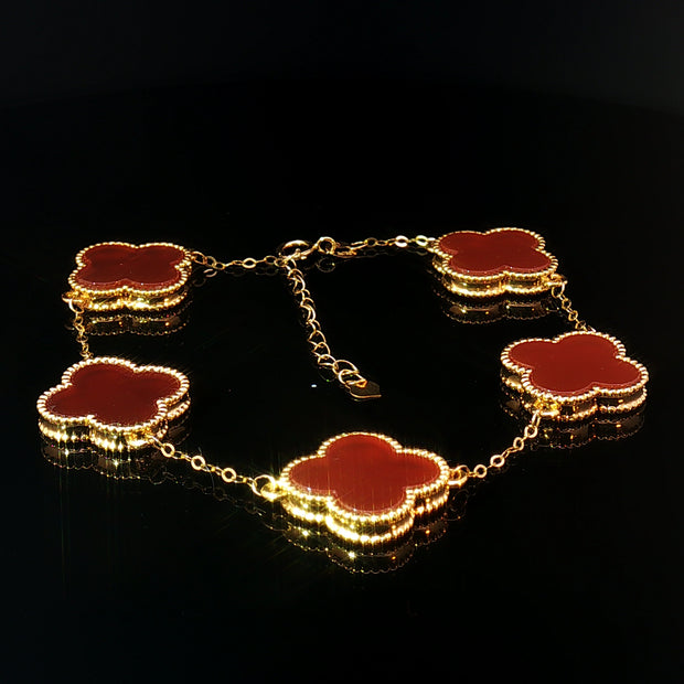 18k Yellow Gold 5-Clover Motif Bracelet – Red Agate Inlay, Adjustable Sizes (6–7" & 7–8")
