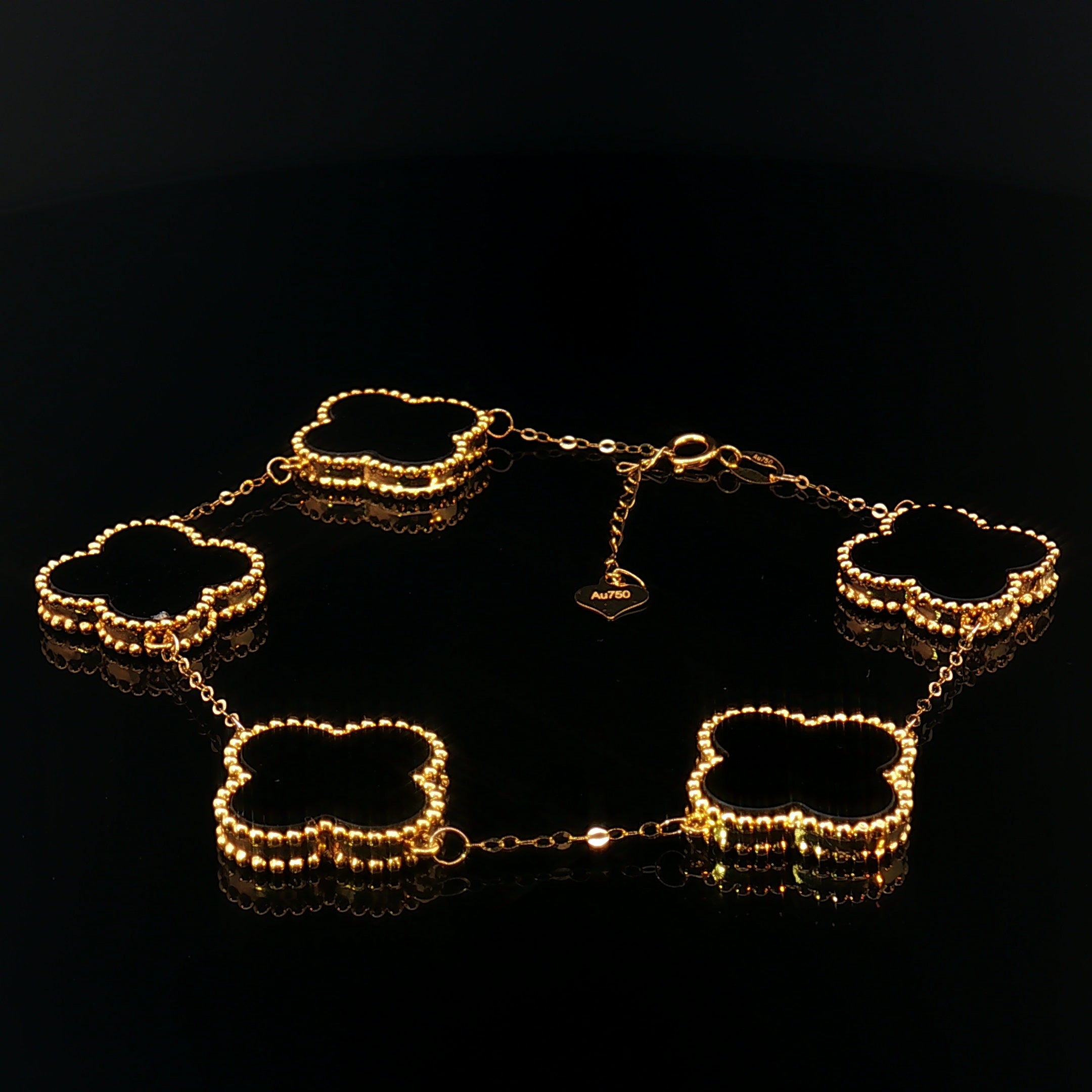 18k Yellow Gold 5-Clover Motif Bracelet – Black Onyx Inlay, Adjustable 6