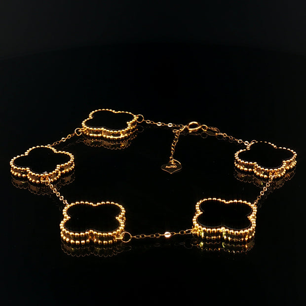18k Yellow Gold 5-Clover Motif Bracelet – Black Onyx Inlay, Adjustable 6"–7.5"