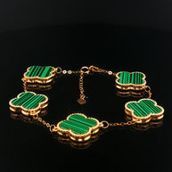 18k Yellow Gold 5 Clover Motif Bracelet – Green Malachite 15mm Adjustable Chain