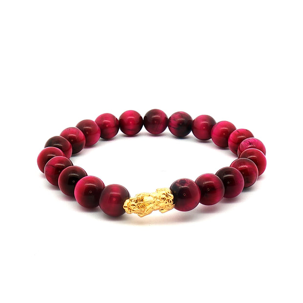 18k Yellow Gold Dragon Bracelet – Magenta Beaded Statement Design with Hollow Gold Dragon Charm