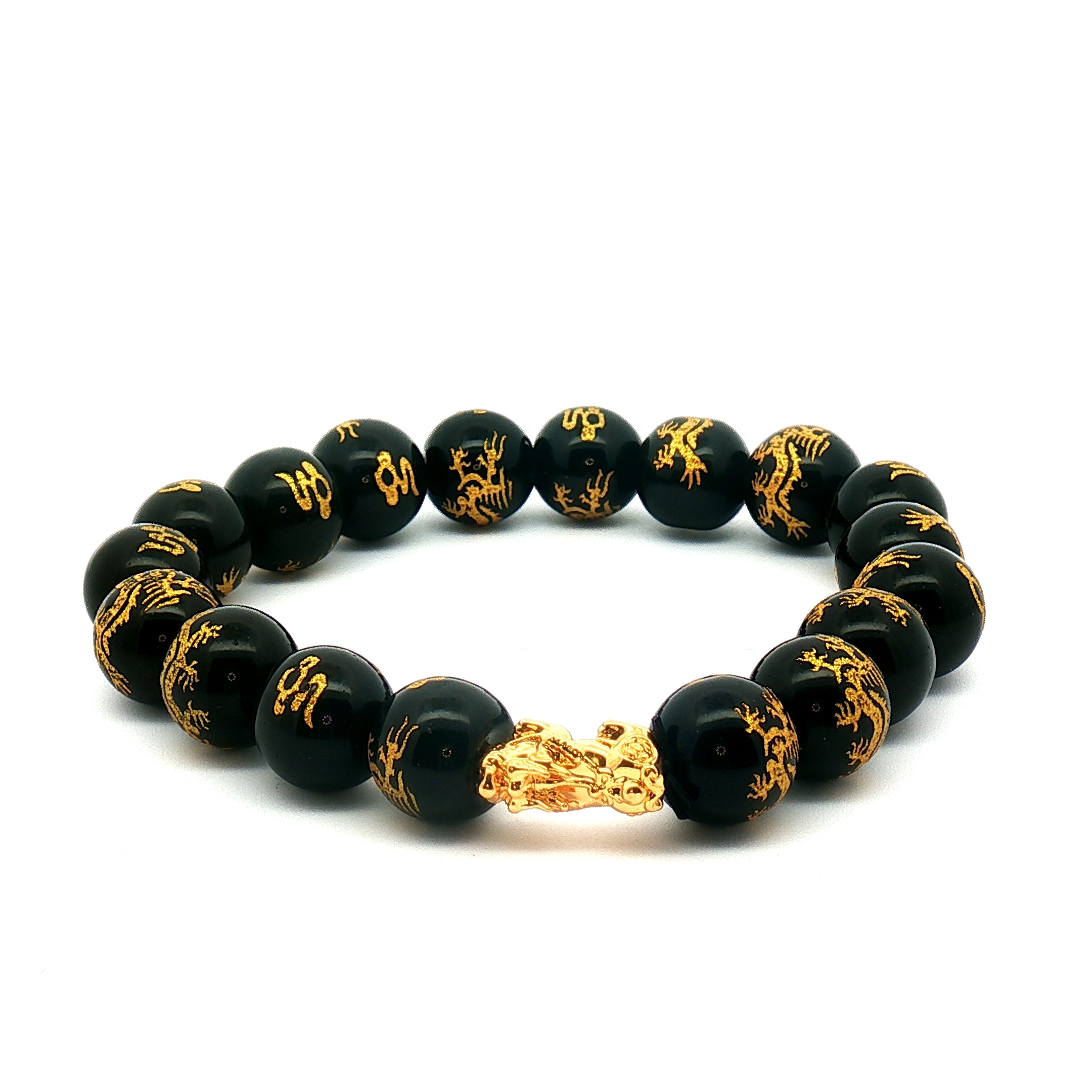 18k Yellow Gold Dragon Bracelet – Black Mantra Beads with Hollow Gold Dragon Charm