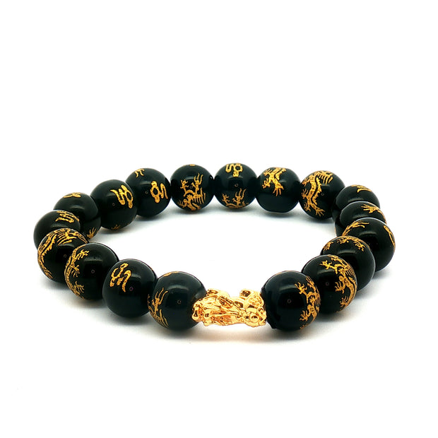 18k Yellow Gold Dragon Bracelet – Black Mantra Beads with Hollow Gold Dragon Charm