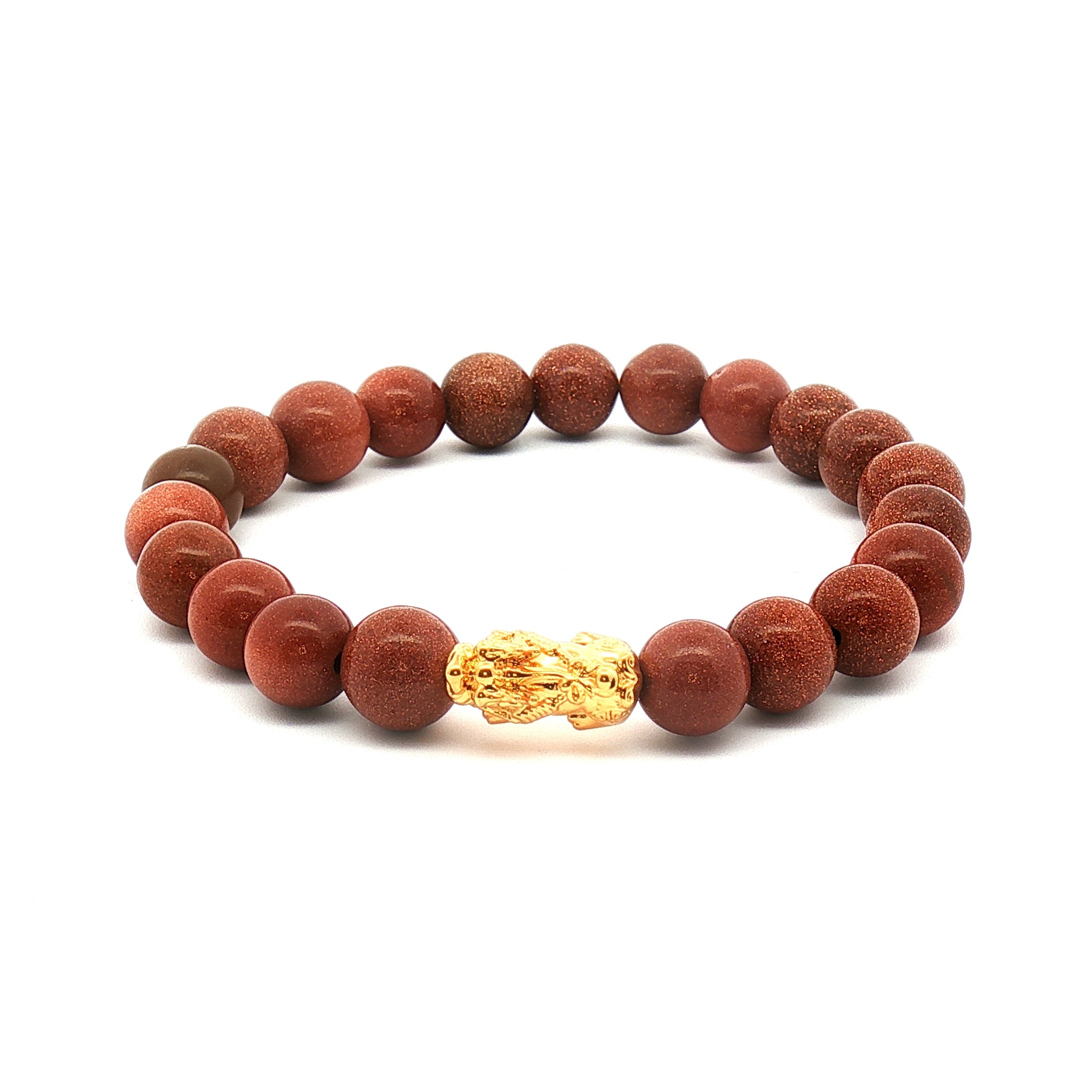 18k Yellow Gold Dragon Bracelet – Brown Round Beads with Hollow Gold Dragon Charm