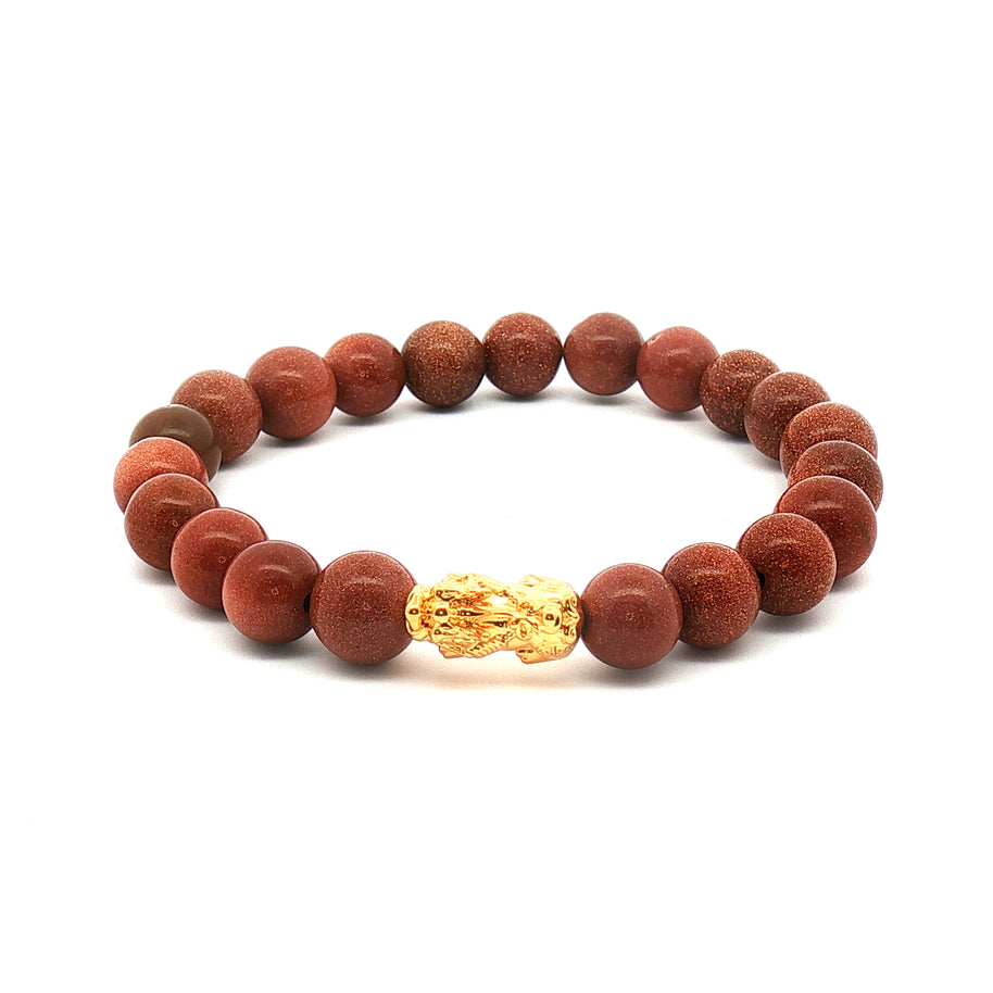 18k Yellow Gold Dragon Bracelet – Brown Round Beads with Hollow Gold Dragon Charm